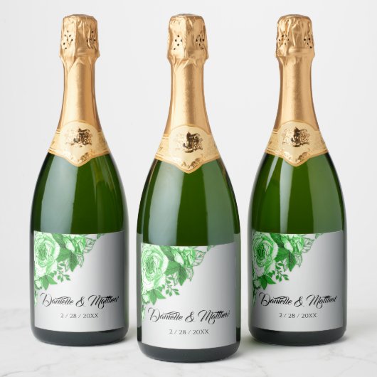 Étiquettes Pour Bouteilles De Vin Mousseux Boho Green Rose Metallic Silver Mariage (Bouteilles)