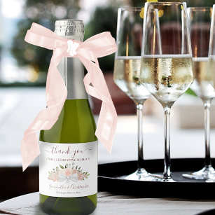 Étiquettes Pour Bouteilles De Vin Mousseux Boho rose pâle Merci Mariage Floral Mini