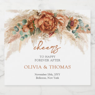 Étiquettes Pour Bouteilles De Vin Mousseux Boho Terracotta et fleurs bordeaux pampas herbe