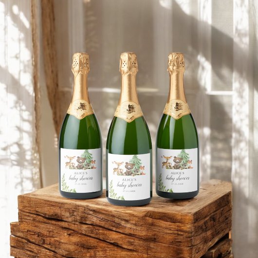 Étiquettes Pour Bouteilles De Vin Mousseux Boho Woodland Animaux Baby shower rustique
