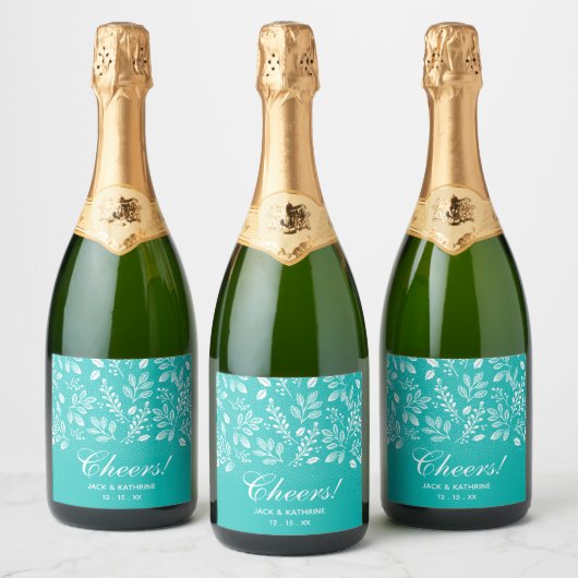 Étiquettes Pour Bouteilles De Vin Mousseux Botaniques blanches sur Mariage Turquoise (Bouteilles)