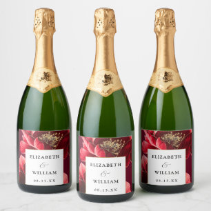 Étiquettes Pour Bouteilles De Vin Mousseux Bourgogne Rouge or Floral Élégant Mariage moderne