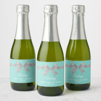 Étiquettes Pour Bouteilles De Vin Mousseux BRIDE Glam Touch Silver Turquoise Blue Tiara Party