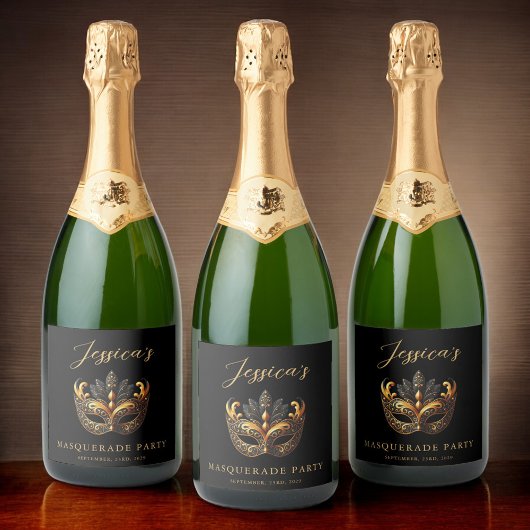 Étiquettes Pour Bouteilles De Vin Mousseux Célébration de mascarade noire et or sophistiquée