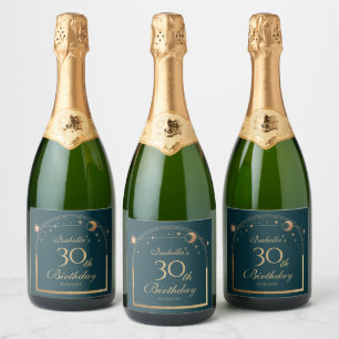 Étiquettes Pour Bouteilles De Vin Mousseux Celestial Green Gold Sun Moon Stars 30e anniversai
