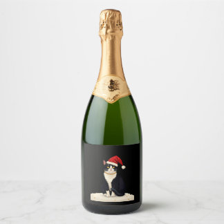 Étiquettes Pour Bouteilles De Vin Mousseux Chat Tuxedo Cottagecore Drôle Noël Esthétique Père