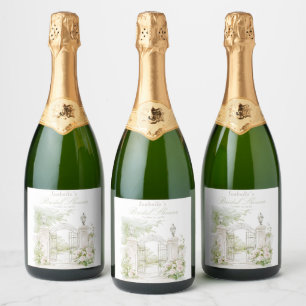 Étiquettes Pour Bouteilles De Vin Mousseux Château français élégant Jardin de mariage pastel 