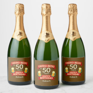 Étiquettes Pour Bouteilles De Vin Mousseux Cheers & Bières 50 ans heureux NOM d'anniversaire