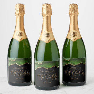 Étiquettes Pour Bouteilles De Vin Mousseux Chic Agate Geode Green Gold 40e fête d'anniversair