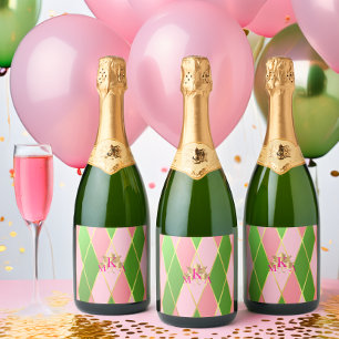 Étiquettes Pour Bouteilles De Vin Mousseux Chic Monogrammed rose et vert