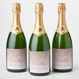 Étiquettes Pour Bouteilles De Vin Mousseux Chic Rose Gold Parties scintillant Drip 90th Birth
