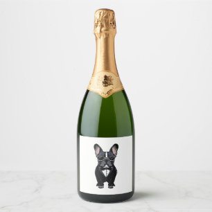 Étiquettes Pour Bouteilles De Vin Mousseux Chien de taureau français à Tuxedo portant des lun