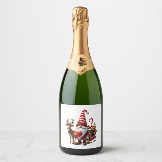 Étiquettes Pour Bouteilles De Vin Mousseux Christmas Light Gnome Santa Claus Riding Sleigh Hi (Devant)