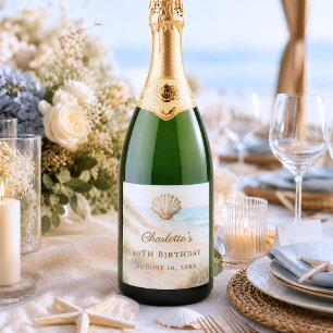 Étiquettes Pour Bouteilles De Vin Mousseux Coquillage côtier de plage d'anniversaire