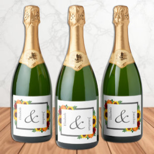 Étiquettes Pour Bouteilles De Vin Mousseux Coucher de soleil Tournesol Rose Fleurs Mariage