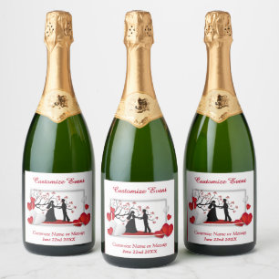 Étiquettes Pour Bouteilles De Vin Mousseux Couple romantique Silhoutte Coeurs rouges Personna