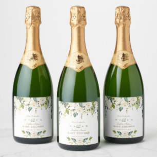 Étiquettes Pour Bouteilles De Vin Mousseux Délicat Aquarelle Baby shower Fleurs blanches