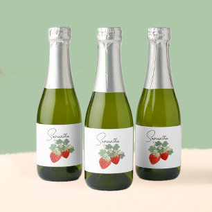 Étiquettes Pour Bouteilles De Vin Mousseux Deux fraises rouges avec feuilles et fleurs   Frui