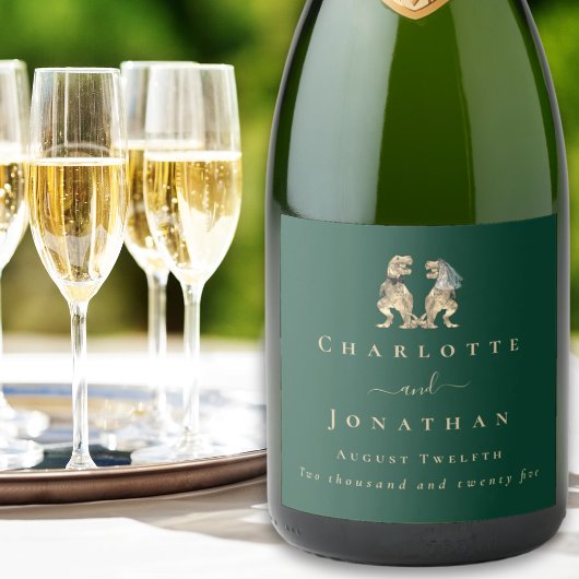 Étiquettes Pour Bouteilles De Vin Mousseux Dinosaur Thème Mariage Vert foncé