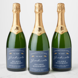 Étiquettes Pour Bouteilles De Vin Mousseux Diplôme de chapeau doré écriture blanche bleu fonc
