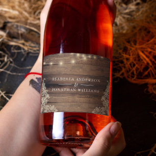 Étiquettes Pour Bouteilles De Vin Mousseux Douche ou Mariage rustique en bois et dentelle