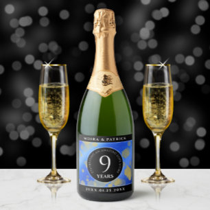 Étiquettes Pour Bouteilles De Vin Mousseux Élégant 9e anniversaire Mariage Lapis Lazuli