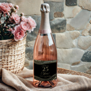 Étiquettes Pour Bouteilles De Vin Mousseux Élégant Anniversaire 25 ans Fête Agate Noir Or
