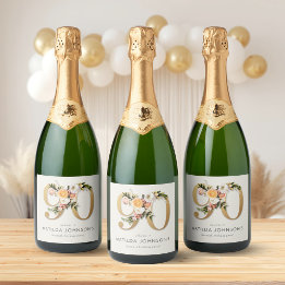Étiquettes Pour Bouteilles De Vin Mousseux Elegant Boho Floral Gold Foil 90th Birthday