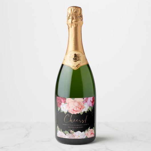 Étiquettes Pour Bouteilles De Vin Mousseux Élégant bouquet floral rose Mariage noir rose (Devant)
