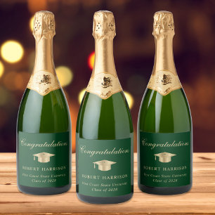 Étiquettes Pour Bouteilles De Vin Mousseux Élégant Casquette de grade Green Gold Graduation P