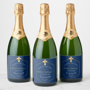 Étiquettes Pour Bouteilles De Vin Mousseux Elégant Croix Bleue Or Garçons Baptême