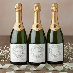 Étiquettes Pour Bouteilles De Vin Mousseux Élégant Green Chinoiserie Bird Crest Mariage