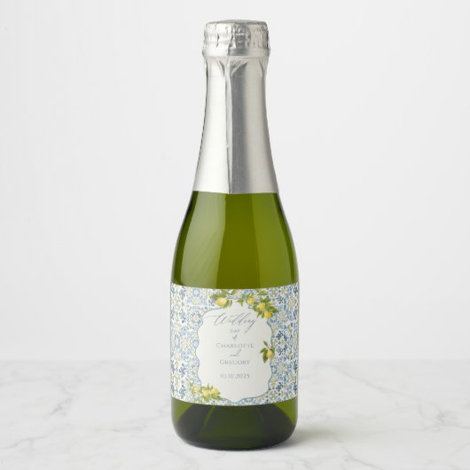Étiquettes Pour Bouteilles De Vin Mousseux Élégant Mariage citron en carrelage bleu italien (Devant)