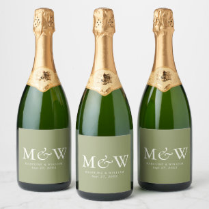 Étiquettes Pour Bouteilles De Vin Mousseux Élégant Mariage de monogramme vert mousse simple
