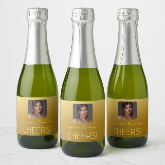 Étiquettes Pour Bouteilles De Vin Mousseux Élégant Or Personnalisé Nom Photo Script Mini (Bouteilles)