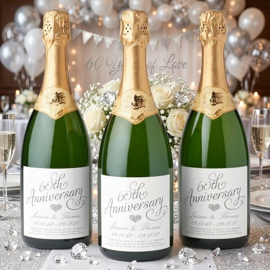 Étiquettes Pour Bouteilles De Vin Mousseux Elegant Script 60th Diamond Wedding Anniversary