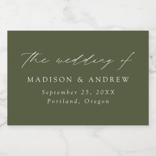 Étiquettes Pour Bouteilles De Vin Mousseux Élégant script moderne Mariage vert olive (Étiquettes simples)