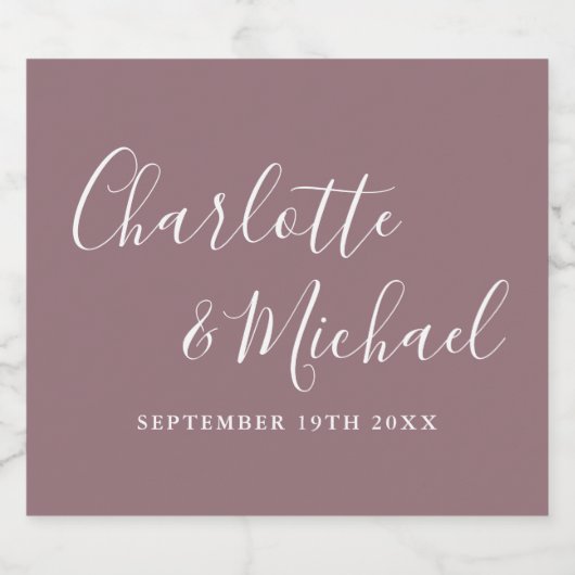 Étiquettes Pour Bouteilles De Vin Mousseux Élégant script signature Mariage mauve (Étiquettes simples)