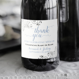 Étiquettes Pour Bouteilles De Vin Mousseux Elegant Silver Frills Blue White Wedding Thank You