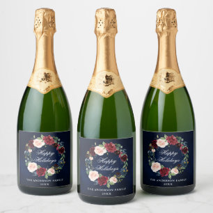 Étiquettes Pour Bouteilles De Vin Mousseux Elégante aquarelle Floral Wreath Fête