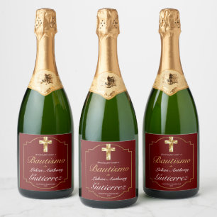 Étiquettes Pour Bouteilles De Vin Mousseux Elegante Bautismo de Niños Con Cruz Dorada Borgoña
