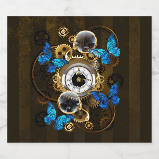 Étiquettes Pour Bouteilles De Vin Mousseux Engrenages à vapeur et papillons bleus (Étiquettes simples)