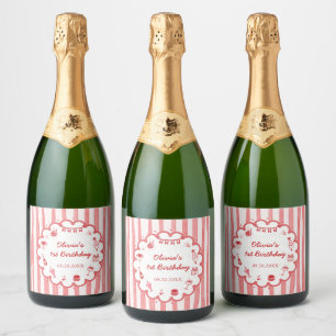 Étiquettes Pour Bouteilles De Vin Mousseux Fête d'anniversaire à rayures rouges dessinées à l