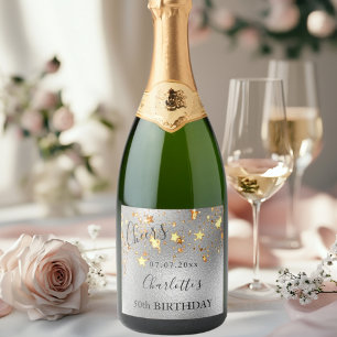 Étiquettes Pour Bouteilles De Vin Mousseux Fête d'anniversaire argent or étoiles acclamations