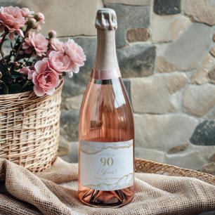 Étiquettes Pour Bouteilles De Vin Mousseux Fête d'anniversaire de 90 ans en Agate et Or Blanc