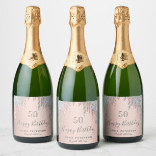 Étiquettes Pour Bouteilles De Vin Mousseux fête d'anniversaire rose or parties scintillant ro
