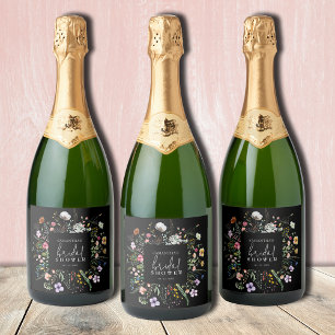 Étiquettes Pour Bouteilles De Vin Mousseux Fête des mariées fleur sauvage noire