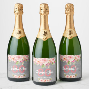 Étiquettes Pour Bouteilles De Vin Mousseux fête du 80e anniversaire coral dahlia fleurs gris