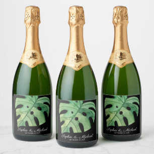 Étiquettes Pour Bouteilles De Vin Mousseux Feuille de monstère tropicale sur Mariage noir