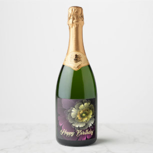 Étiquettes Pour Bouteilles De Vin Mousseux Fleur fractale grise pourpre moderne abstraite